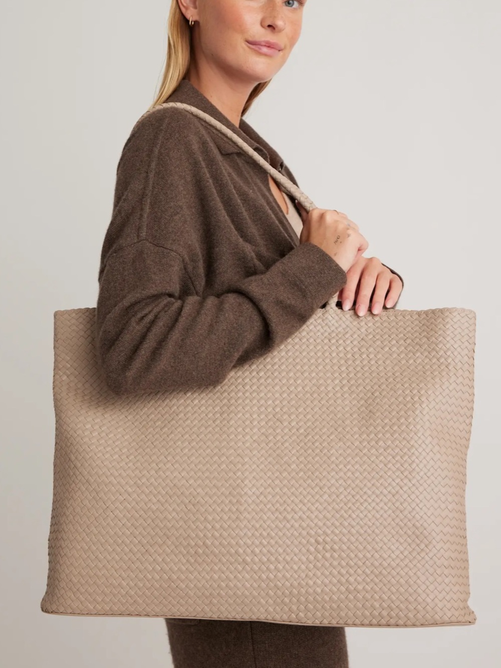 Quince Siena Handwoven Tote Italian Leather Tote in Light Grey Taupe